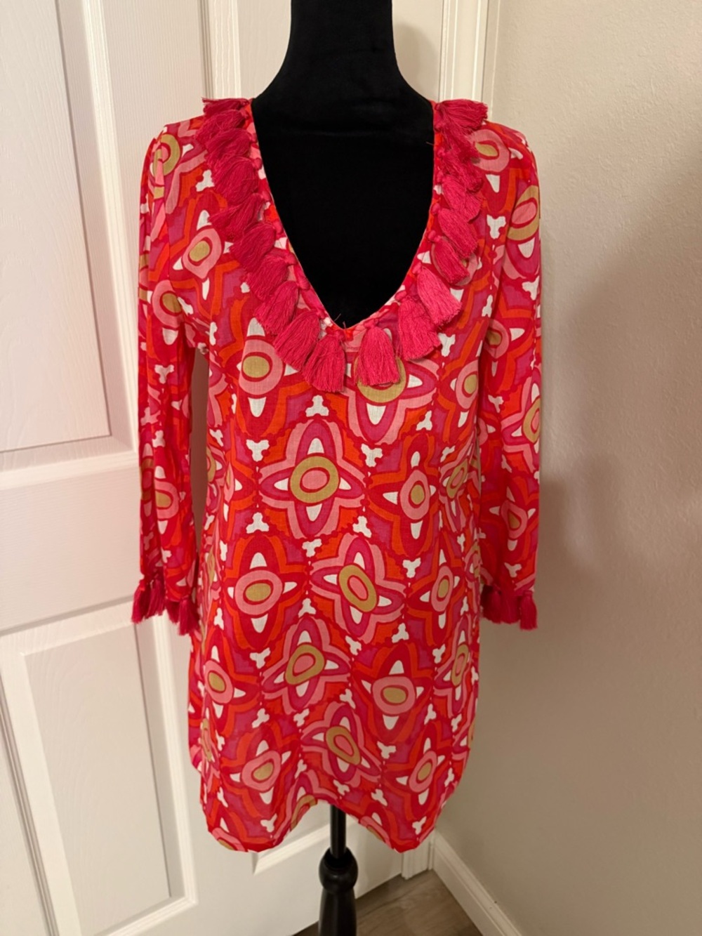 Mud Pie Pink & Red Tassel V-Neck Printed Swim Coverup